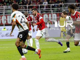 Theo Hernandez is in action during the Serie A match between AC Milan and Venezia FC in Milano, Italy, on September 14, 2024, at Stadio Gius...