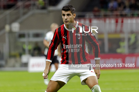 Alvaro Morata plays during the Serie A match between AC Milan and Venezia FC in Milano, Italy, on September 14, 2024, at Stadio Giuseppe Mea...