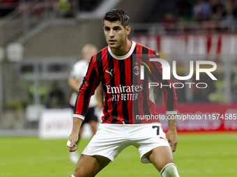 Alvaro Morata plays during the Serie A match between AC Milan and Venezia FC in Milano, Italy, on September 14, 2024, at Stadio Giuseppe Mea...