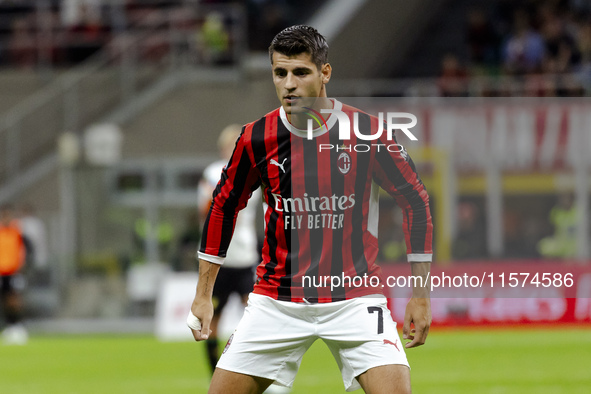 Alvaro Morata plays during the Serie A match between AC Milan and Venezia FC in Milano, Italy, on September 14, 2024, at Stadio Giuseppe Mea...