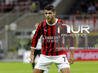 Alvaro Morata plays during the Serie A match between AC Milan and Venezia FC in Milano, Italy, on September 14, 2024, at Stadio Giuseppe Mea...