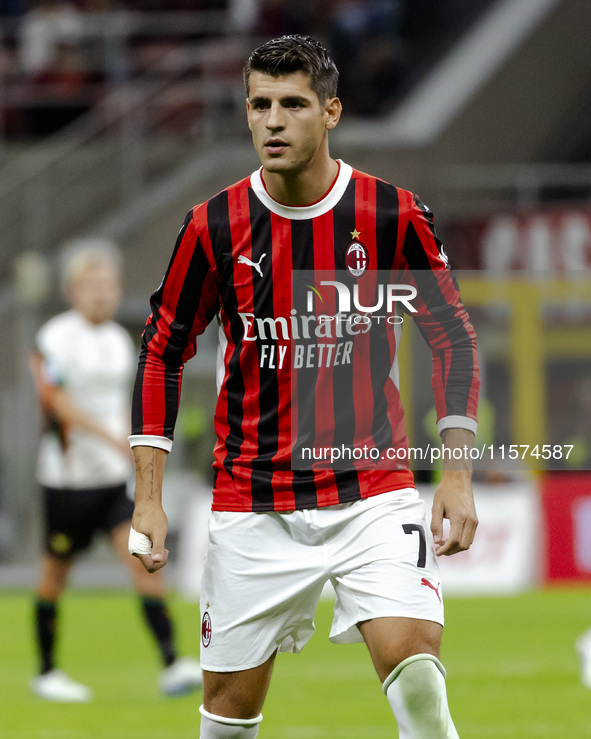 Alvaro Morata plays during the Serie A match between AC Milan and Venezia FC in Milano, Italy, on September 14, 2024, at Stadio Giuseppe Mea...