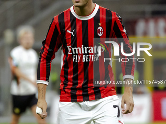 Alvaro Morata plays during the Serie A match between AC Milan and Venezia FC in Milano, Italy, on September 14, 2024, at Stadio Giuseppe Mea...