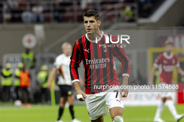 Alvaro Morata plays during the Serie A match between AC Milan and Venezia FC in Milano, Italy, on September 14, 2024, at Stadio Giuseppe Mea...