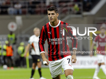 Alvaro Morata plays during the Serie A match between AC Milan and Venezia FC in Milano, Italy, on September 14, 2024, at Stadio Giuseppe Mea...