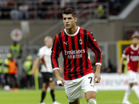 Alvaro Morata plays during the Serie A match between AC Milan and Venezia FC in Milano, Italy, on September 14, 2024, at Stadio Giuseppe Mea...