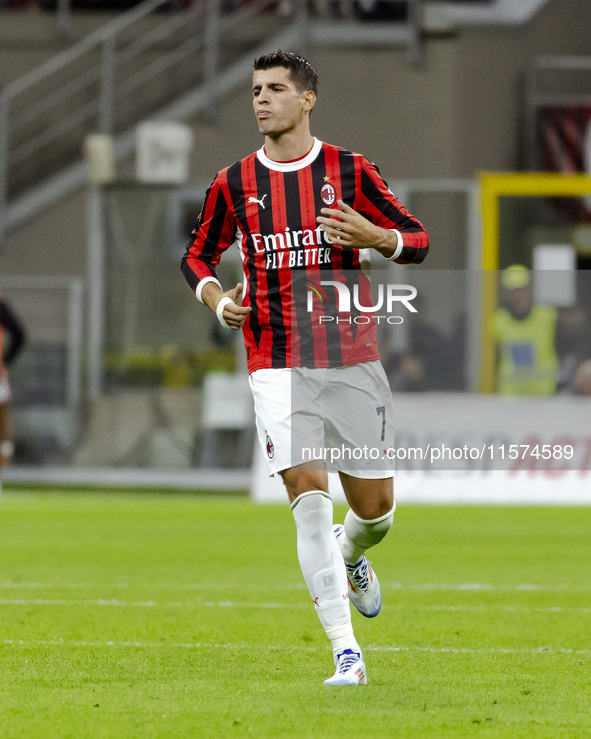 Alvaro Morata plays during the Serie A match between AC Milan and Venezia FC in Milano, Italy, on September 14, 2024, at Stadio Giuseppe Mea...