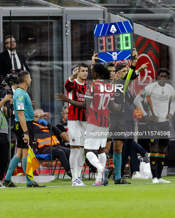 Alvaro Morata and Rafael Leao are in action during the Serie A match between AC Milan and Venezia FC in Milano, Italy, on September 14, 2024...