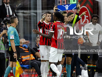 Alvaro Morata and Rafael Leao are in action during the Serie A match between AC Milan and Venezia FC in Milano, Italy, on September 14, 2024...