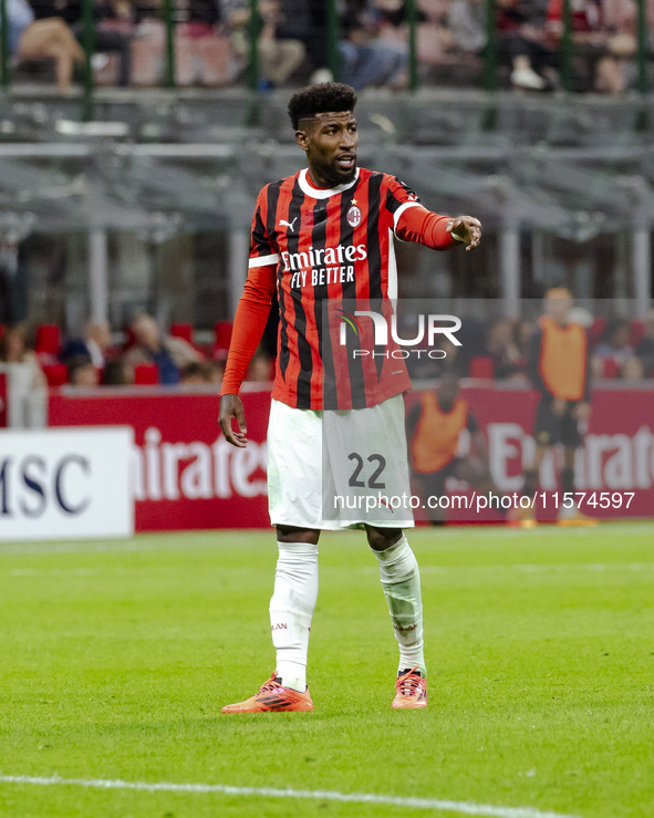 Emerson Royal plays during the Serie A match between AC Milan and Venezia FC in Milano, Italy, on September 14, 2024, at Stadio Giuseppe Mea...