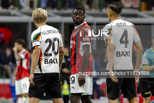 Youssouf Fofana plays during the Serie A match between AC Milan and Venezia FC in Milano, Italy, on September 14, 2024, at Stadio Giuseppe M...