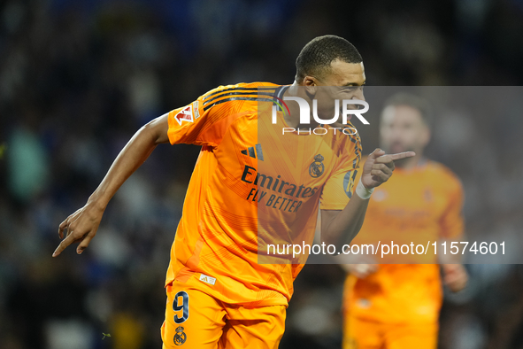 Kylian Mbappe centre-forward of Real Madrid and France celebrates after scoring his sides first goal during the La Liga match between Real S...