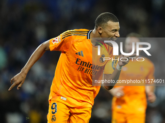 Kylian Mbappe centre-forward of Real Madrid and France celebrates after scoring his sides first goal during the La Liga match between Real S...