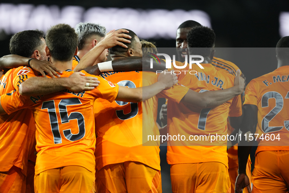 Kylian Mbappe centre-forward of Real Madrid and France celebrates after scoring his sides first goal during the La Liga match between Real S...