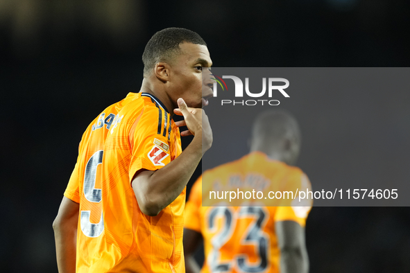 Kylian Mbappe centre-forward of Real Madrid and France celebrates after scoring his sides first goal during the La Liga match between Real S...