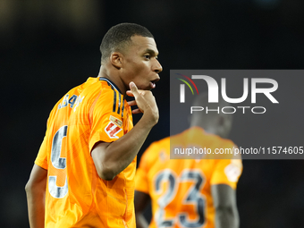 Kylian Mbappe centre-forward of Real Madrid and France celebrates after scoring his sides first goal during the La Liga match between Real S...