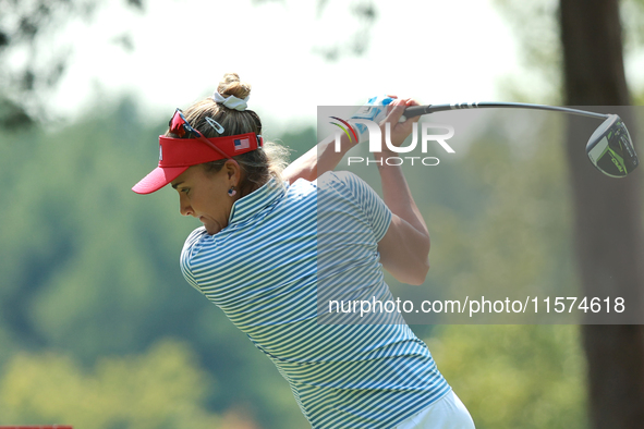 GAINESVILLE, VIRGINIA - SEPTEMBER 14: Lexi Thompson of the United States tees off on the second hole during Fourball Matches on Day Two of t...