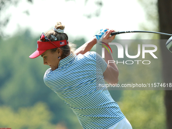 GAINESVILLE, VIRGINIA - SEPTEMBER 14: Lexi Thompson of the United States tees off on the second hole during Fourball Matches on Day Two of t...