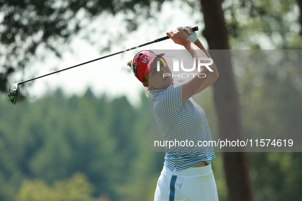 GAINESVILLE, VIRGINIA - SEPTEMBER 14: Lexi Thompson of the United States tees off on the second hole during Fourball Matches on Day Two of t...