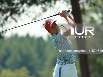 GAINESVILLE, VIRGINIA - SEPTEMBER 14: Lexi Thompson of the United States tees off on the second hole during Fourball Matches on Day Two of t...