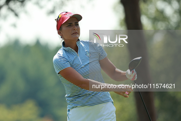 GAINESVILLE, VIRGINIA - SEPTEMBER 14: Lexi Thompson of the United States tees off on the second hole during Fourball Matches on Day Two of t...