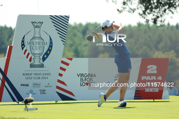 GAINESVILLE, VIRGINIA - SEPTEMBER 14: Carlota Ciganda of Team Europe plays her tee shot on the second hole during Fourball Matches on Day Tw...