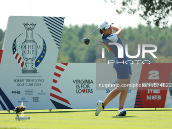 GAINESVILLE, VIRGINIA - SEPTEMBER 14: Carlota Ciganda of Team Europe plays her tee shot on the second hole during Fourball Matches on Day Tw...