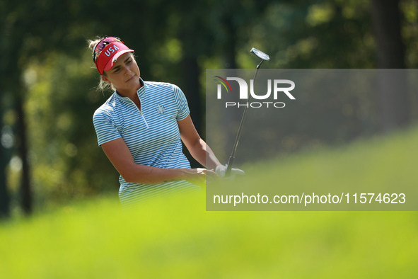 GAINESVILLE, VIRGINIA - SEPTEMBER 14: Lexi Thompson of the United States plays her second shot on the second hole during Fourball Matches on...