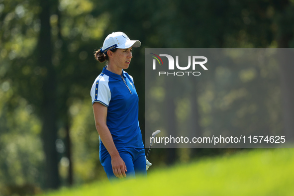 GAINESVILLE, VIRGINIA - SEPTEMBER 14: Carlota Ciganda of Team Europe reacts to her shot on the second hole during Fourball Matches on Day Tw...