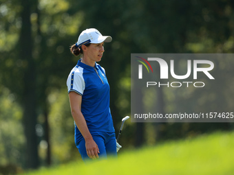 GAINESVILLE, VIRGINIA - SEPTEMBER 14: Carlota Ciganda of Team Europe reacts to her shot on the second hole during Fourball Matches on Day Tw...