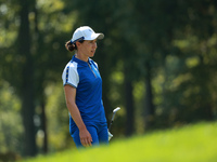 GAINESVILLE, VIRGINIA - SEPTEMBER 14: Carlota Ciganda of Team Europe reacts to her shot on the second hole during Fourball Matches on Day Tw...