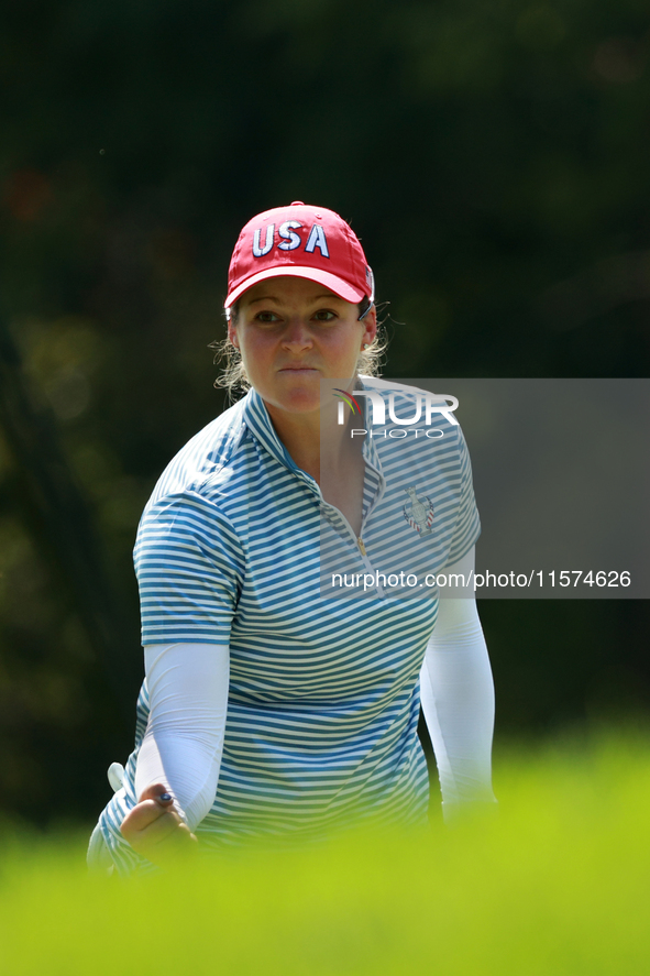 GAINESVILLE, VIRGINIA - SEPTEMBER 14: Ally Ewing of the United States reacts to her putt on the second green during Fourball Matches on Day...