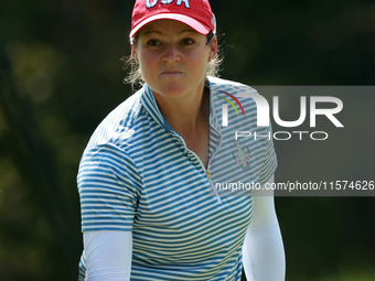 GAINESVILLE, VIRGINIA - SEPTEMBER 14: Ally Ewing of the United States reacts to her putt on the second green during Fourball Matches on Day...