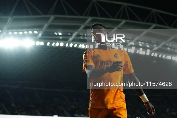 Vinicius Junior left winger of Real Madrid and Brazil during the La Liga match between Real Sociedad de Futbol and Real Madrid CF at Reale A...