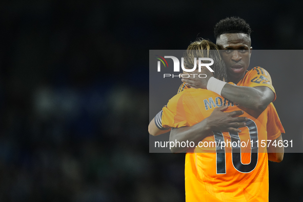 Vinicius Junior left winger of Real Madrid and Brazil celebrates victory after the La Liga match between Real Sociedad de Futbol and Real Ma...