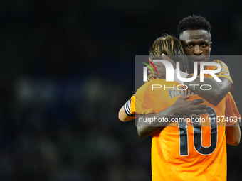 Vinicius Junior left winger of Real Madrid and Brazil celebrates victory after the La Liga match between Real Sociedad de Futbol and Real Ma...