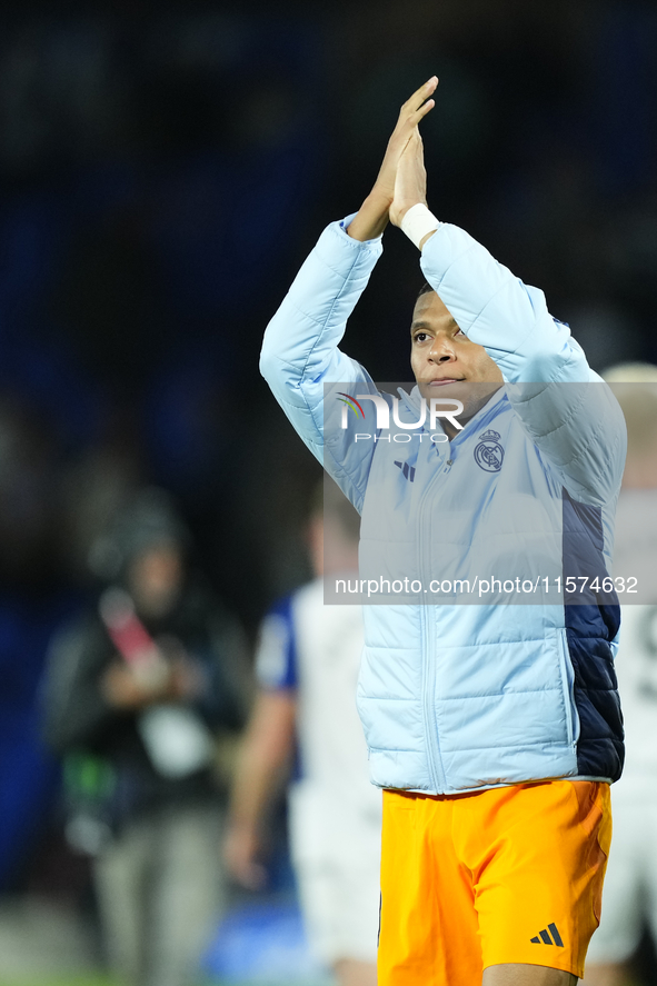 Kylian Mbappe centre-forward of Real Madrid and France celebrates victory after the La Liga match between Real Sociedad de Futbol and Real M...