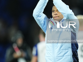 Kylian Mbappe centre-forward of Real Madrid and France celebrates victory after the La Liga match between Real Sociedad de Futbol and Real M...