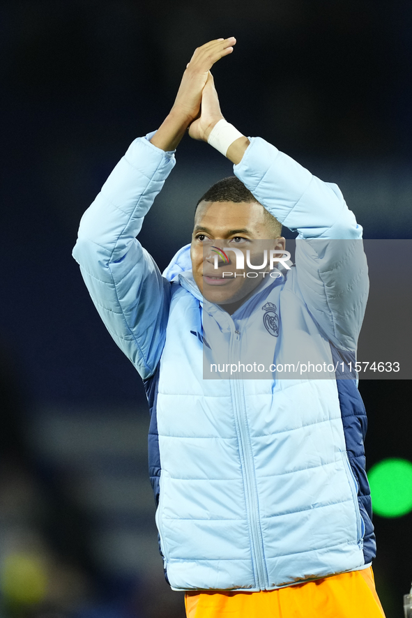 Kylian Mbappe centre-forward of Real Madrid and France celebrates victory after the La Liga match between Real Sociedad de Futbol and Real M...