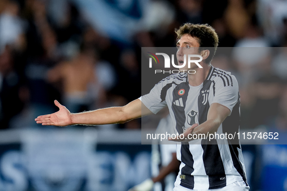 Andrea Cambiaso of Juventus FC reacts during the Serie A Enilive match between Empoli FC and Juventus FC at Stadio Carlo Castellani on Septe...