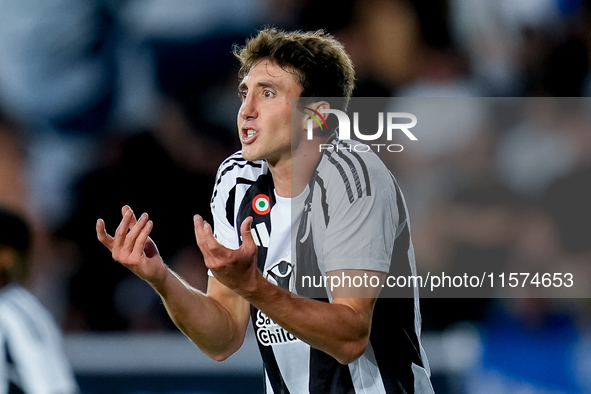 Andrea Cambiaso of Juventus FC reacts during the Serie A Enilive match between Empoli FC and Juventus FC at Stadio Carlo Castellani on Septe...