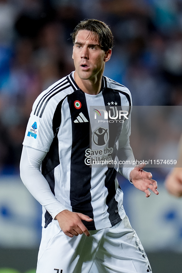 Dusan Vlahovic of Juventus FC looks on during the Serie A Enilive match between Empoli FC and Juventus FC at Stadio Carlo Castellani on Sept...