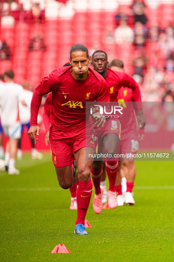 Virgil van Dijk of Liverpool warms up during the Premier League match between Liverpool and Nottingham Forest at Anfield in Liverpool, Engla...