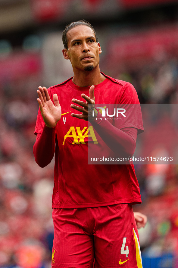 Virgil van Dijk of Liverpool warms up during the Premier League match between Liverpool and Nottingham Forest at Anfield in Liverpool, Engla...