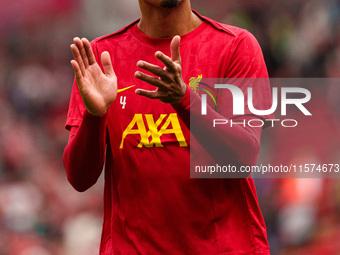 Virgil van Dijk of Liverpool warms up during the Premier League match between Liverpool and Nottingham Forest at Anfield in Liverpool, Engla...