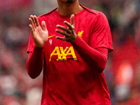 Virgil van Dijk of Liverpool warms up during the Premier League match between Liverpool and Nottingham Forest at Anfield in Liverpool, Engla...