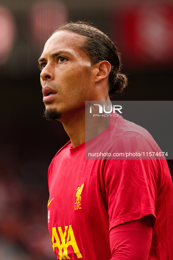 Virgil van Dijk of Liverpool warms up during the Premier League match between Liverpool and Nottingham Forest at Anfield in Liverpool, Engla...