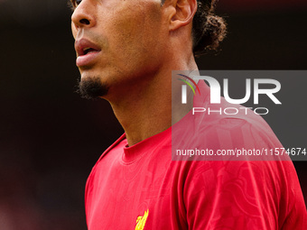 Virgil van Dijk of Liverpool warms up during the Premier League match between Liverpool and Nottingham Forest at Anfield in Liverpool, Engla...