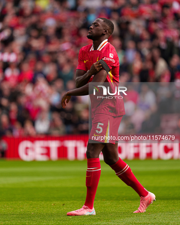 Liverpool's Ibrahima Konate during the Premier League match between Liverpool and Nottingham Forest at Anfield in Liverpool, England, on Sep...