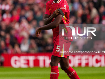 Liverpool's Ibrahima Konate during the Premier League match between Liverpool and Nottingham Forest at Anfield in Liverpool, England, on Sep...